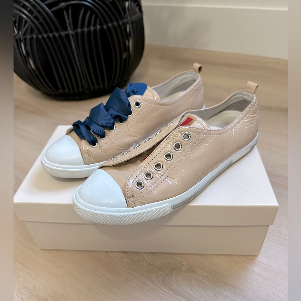 Prada tan patent leather sneakers